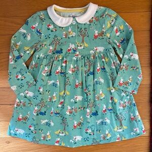 Baby Boden 18-24M Green Bunny Farm Storybook Print Peter Pan Collar Jersey Dress